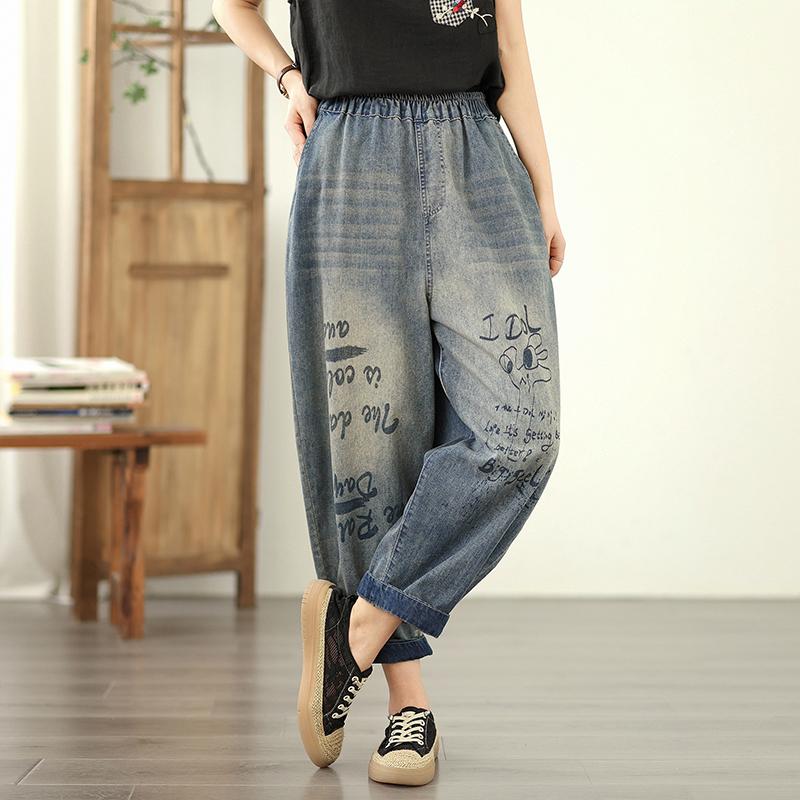 Dimanaf 2025 New Summer Basic Elastic Jeans Pants Women Loose Denim Printing Trousers Big Casual Blue Pants