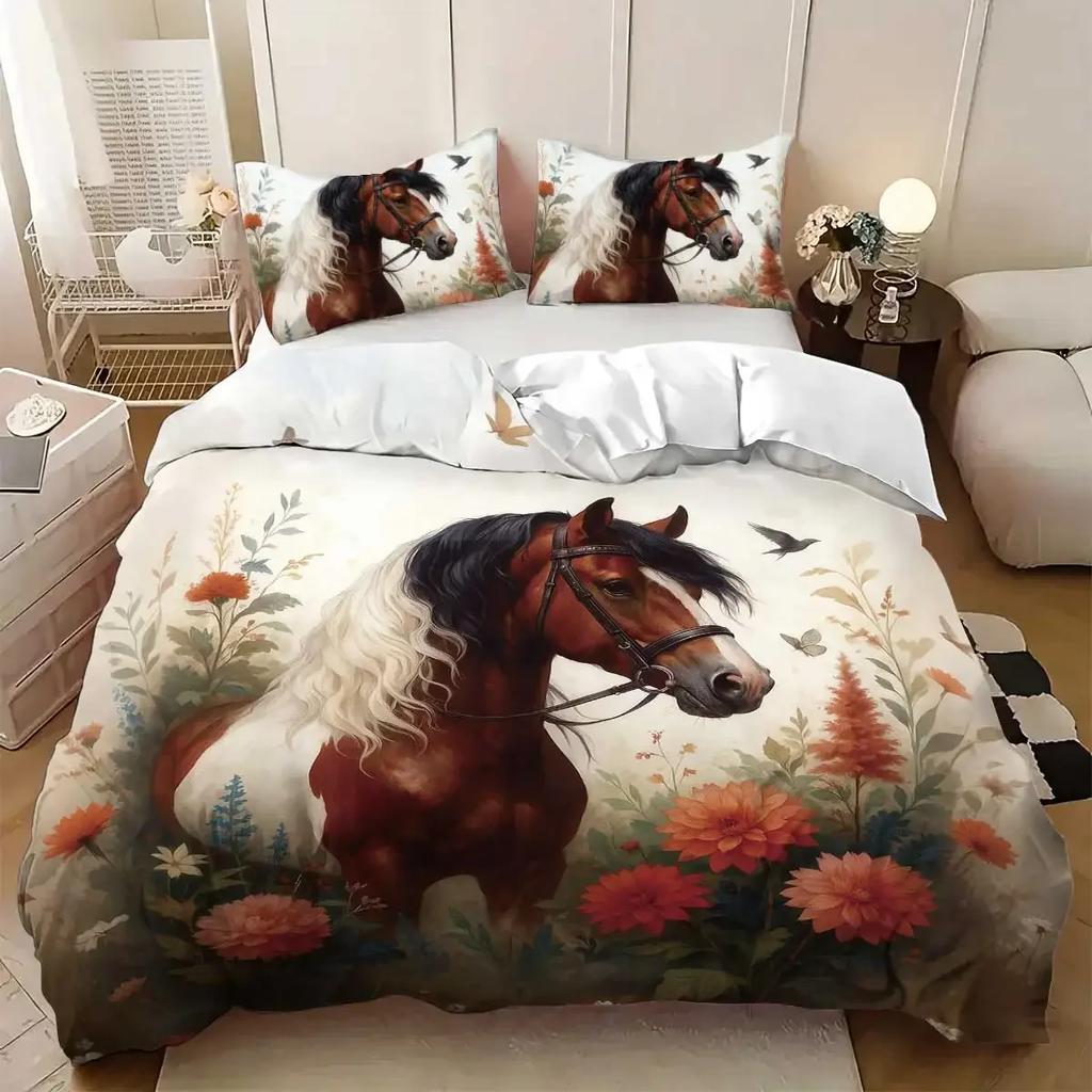 3Pcs Horse Pattern Bedding Set, Suitable For Teenagers And Adult'S Bedroom, 1*Quilt Cover+2*Pillowcase, For Single Bed