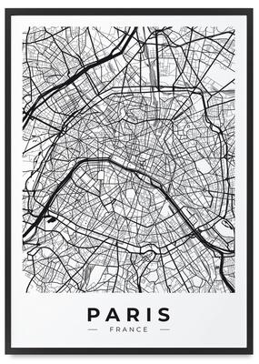 Poster Karte Paris Stadtplan im schwarzen Rahmen