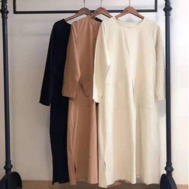 Korean version of chic cotton and linen medium and long dress for women, loose meat covering large size fashion large pocket casual dress