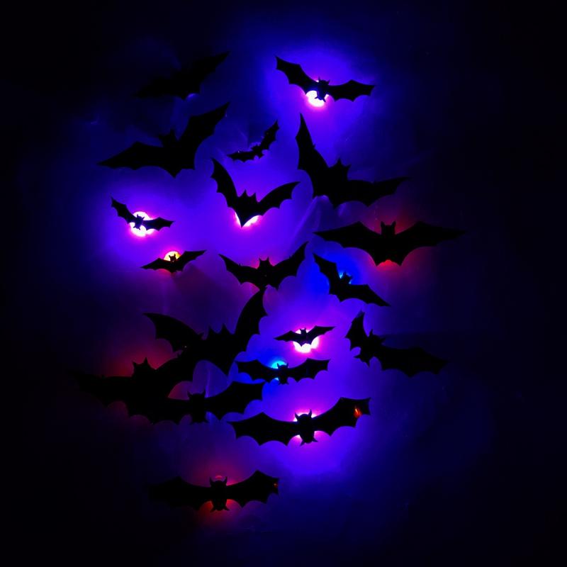 3D PET Glowing Bat LED Wall Stickers 12/24 PCS No Damage to Wall Decals for Halloween Family Gathering Party Decor