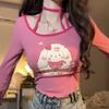 2KWEIRD Sweet Cartoon Print Pleated T-shirt Y2k Aesthetic Asymmetry Fairy Grunge Tshirt Vintage Patchwork Halter Top Harajuku Streetwear