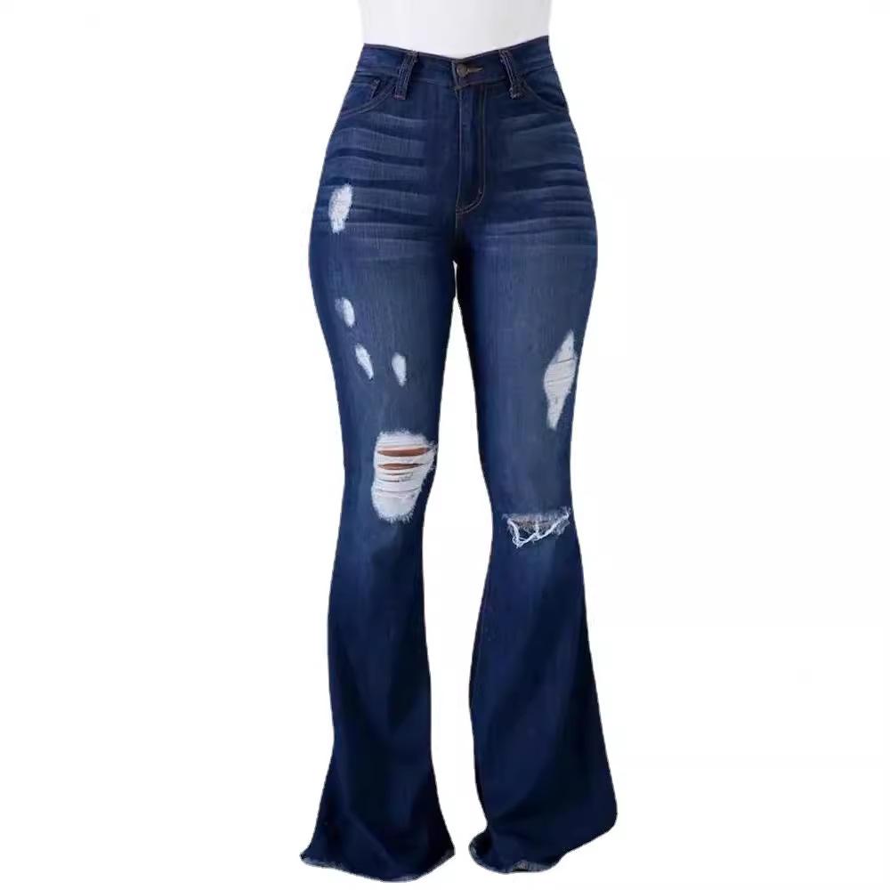 Women Bell Bottom Jeans Elastic Waist Ripped Flared Jean Destroyed Raw Hem Denim Pants