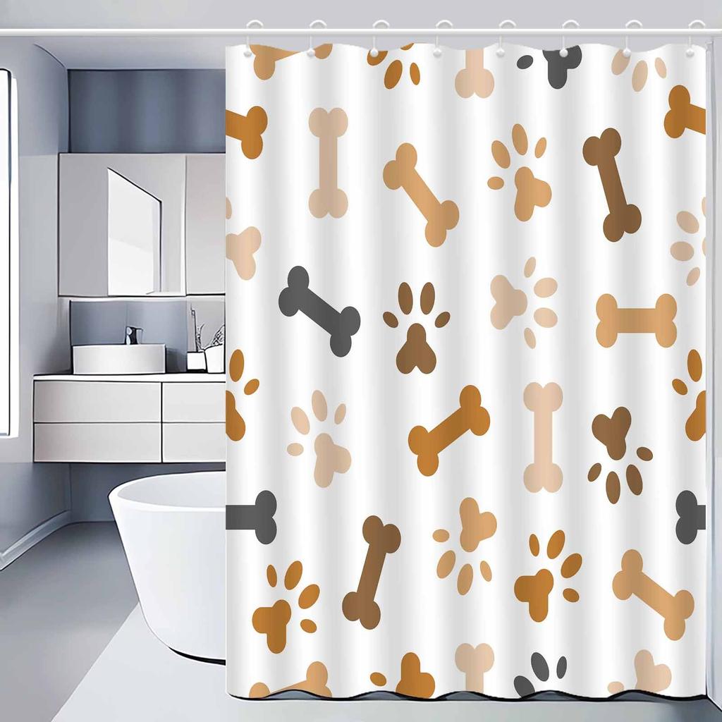 1Pc Modern Simple Cartoon Bone And Paw Print Shower Curtain Polyester Fabric, Machine Washable, Suitable For Bathroom Decoration
