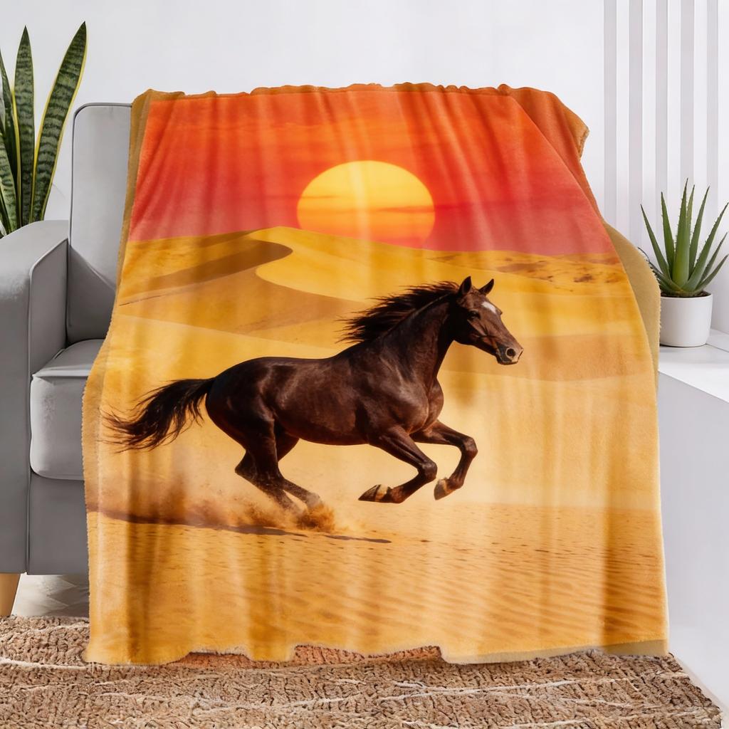 1pc Contemporary Horse Print Flannel Fleece Blanket, 100% Polyester, All Seasons, Tear Resistant, Digital Print, Animal Theme, K