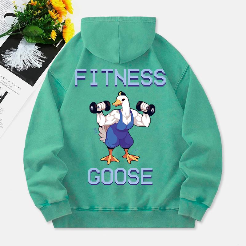 Fitness Goose Washed Hoodie Womens Cartoons Printing Cotton Pullover Comfortable Warm Oversized Hooded  Clothes