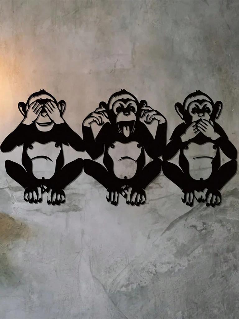 Figurine de Singe Sculpture Métallique, Décor Ne Rien Voir Ne Rien Entendre, Statue de Primates Art Mural pour Salon Extérieur