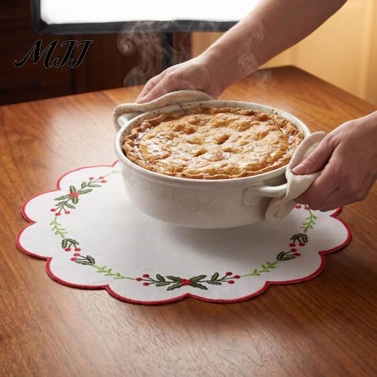 Soft Thick Table Protectors Christmas Scalloped Embroidered Placemat, 15 Inch Cloth Place Mat with Holly Berries Reusable Holiday Dining Accessories