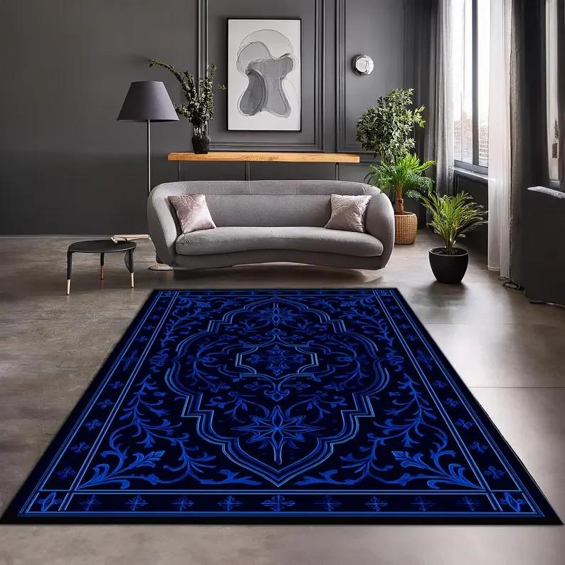 Royal Blue Floral Rug Modern Living Room Carpet Living Room and Bedroom Retro Home Decoration 40X60CM