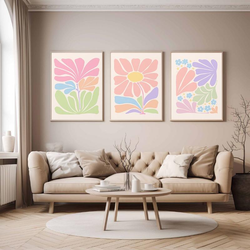 Abstract Danish Pastel Floral Illustration Boho Flower Poster and Print Canvas Painting Wall Art Picture for Living Room Decor