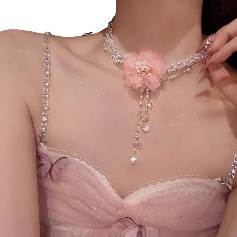 Dream Soft _ Pink Flower Necklace Women's New Pearl Clavicle Chain Premium Exaggerated Accessories