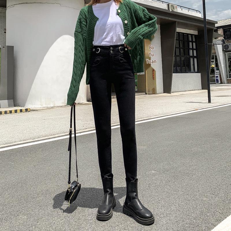 2021 Winter Retro High-Waisted Skinny Jeans: Slim Fit, Elastic, Ripped Hem S