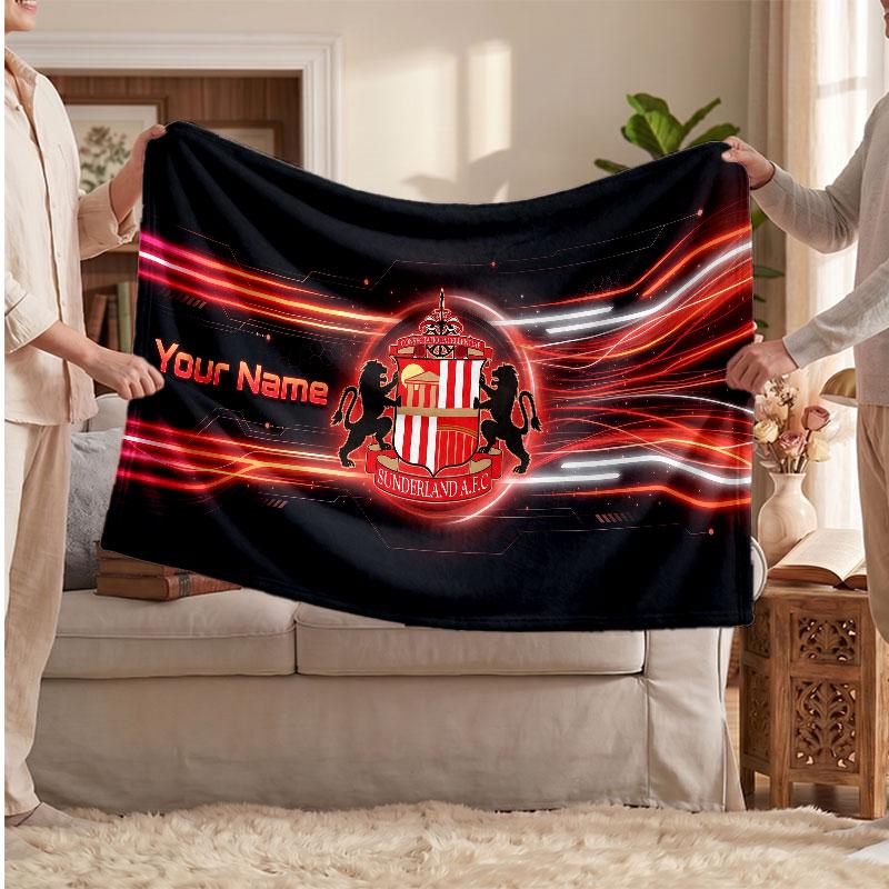 Sunderland FC Personalized Fleece Blanket With Football Logo, Custom Name Text Soft Warm Home Throw Blanket