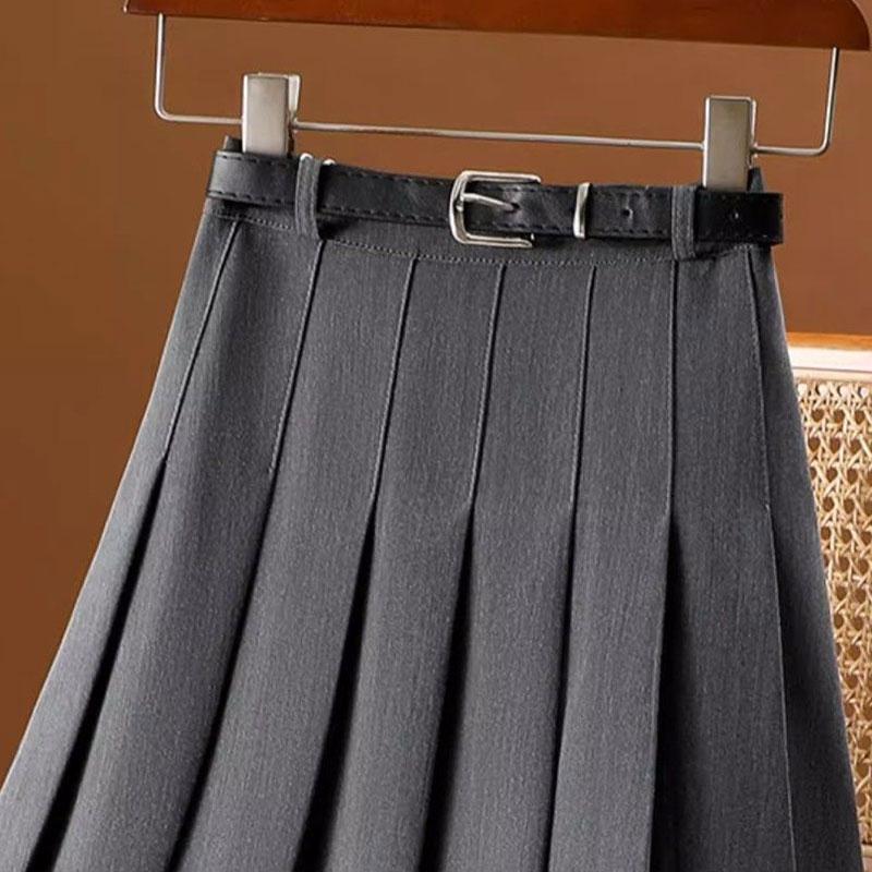 Gray Solid Folds Office Lady Casual High Waist A-line Loose Women's Skirt Mid-Calf Long Skirts for Women Clothing Fashion Including Waist Belt