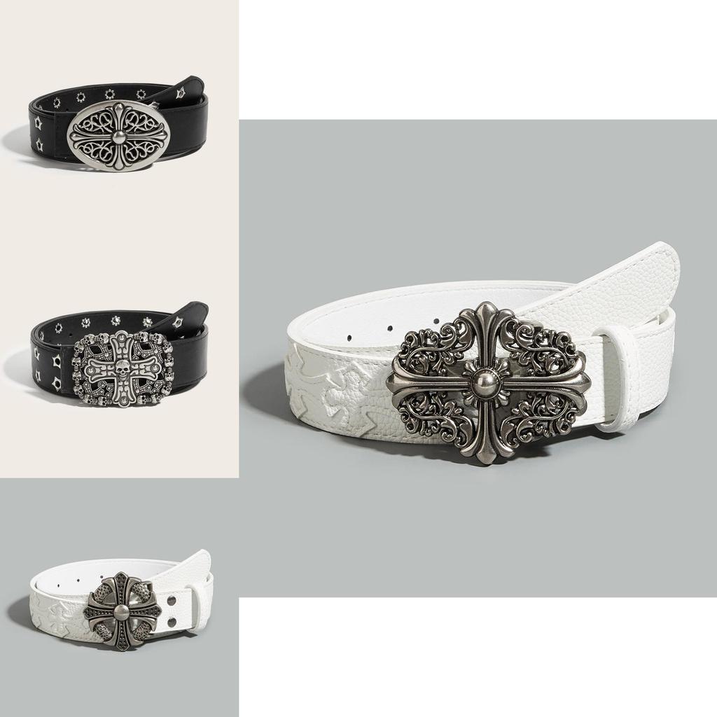 Trendy Punk Cross Flower Pu Leather Belt With Snap Button Closure For Teen Style