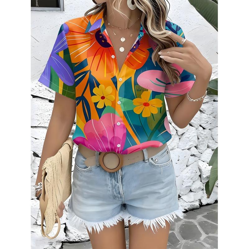 Women's Short-Sleeve Button-Up Shirt Vibrant Multicolor Floral Collar Blouse Top Machine-Washable Non-Button-Front Shirt for Spr