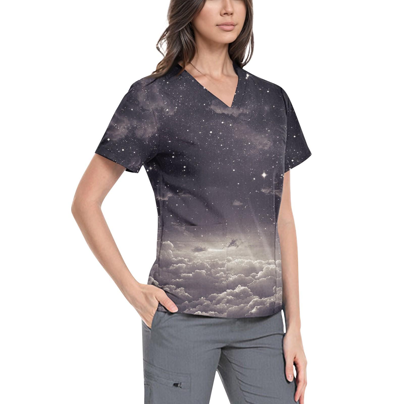 

Женская симпатичная принтованная рабочая одежда с V-образным вырезом, двухслойными карманами, базовым коротким рукавом, пуловером XL