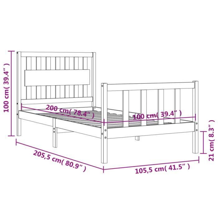 VidaXL Cadre de lit et tête de lit 100x200 cm bois massif 3192416