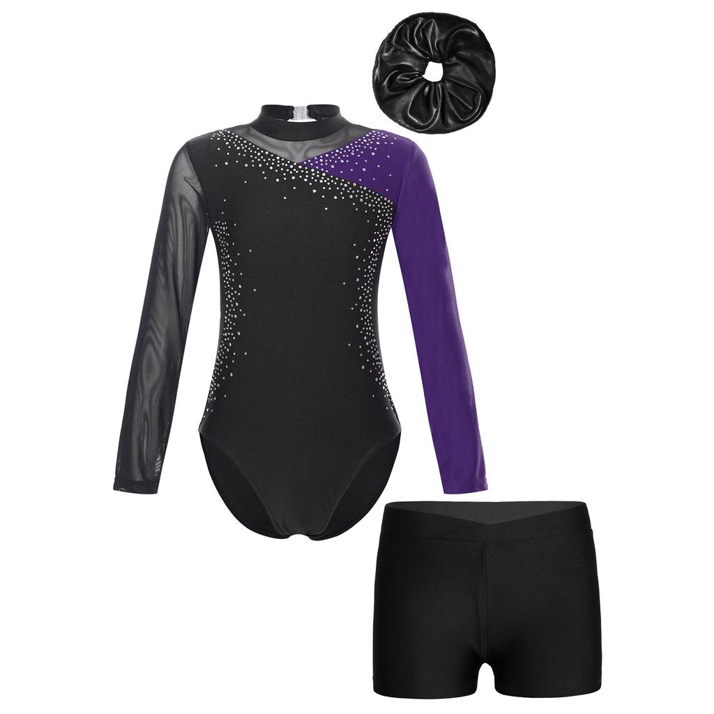Kids Girls Gymnastic Performance Outfit Shiny Rhinestone Color Block Patchwork Long Sleeve Leotard with Shorts Hair Band