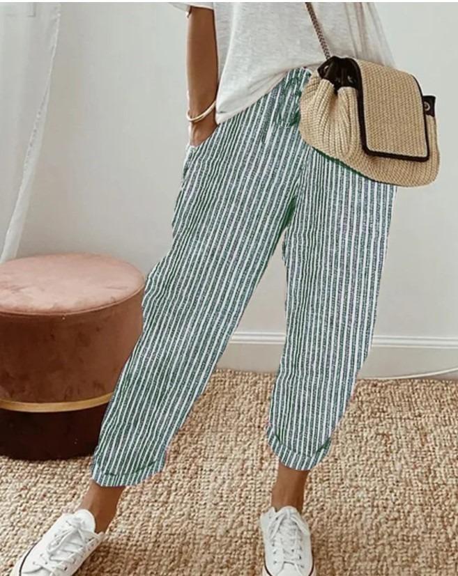 Women's Summer Fashionable Loose Stripe Printed Elastic Waist Drawstring Casual Pants