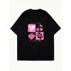 Oversized T Shirt Black Summer Vibes Cherry Flower Pattern And Text Graphic Print Casual Streetwear For Women