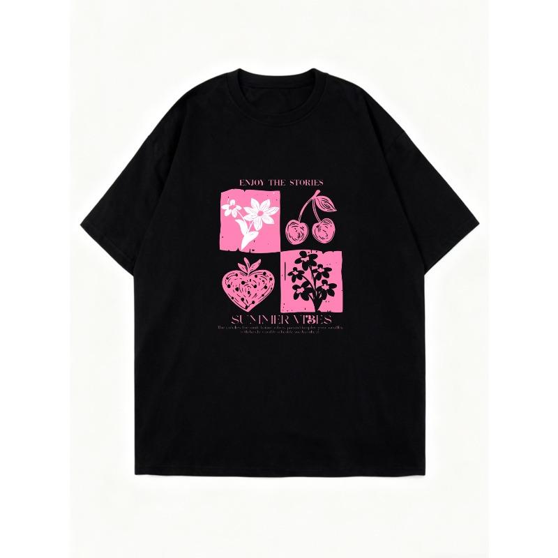 Oversized T Shirt Black Summer Vibes Cherry Flower Pattern And Text Graphic Print Casual Streetwear For Women