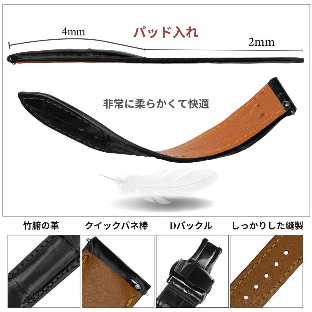 [vinacreations] 21mm Black Crocodile Watch Strap with D-Buckle, Men's Crocodile Replacement Watch Band with Quick Release Spring Bar, Black Wristband,