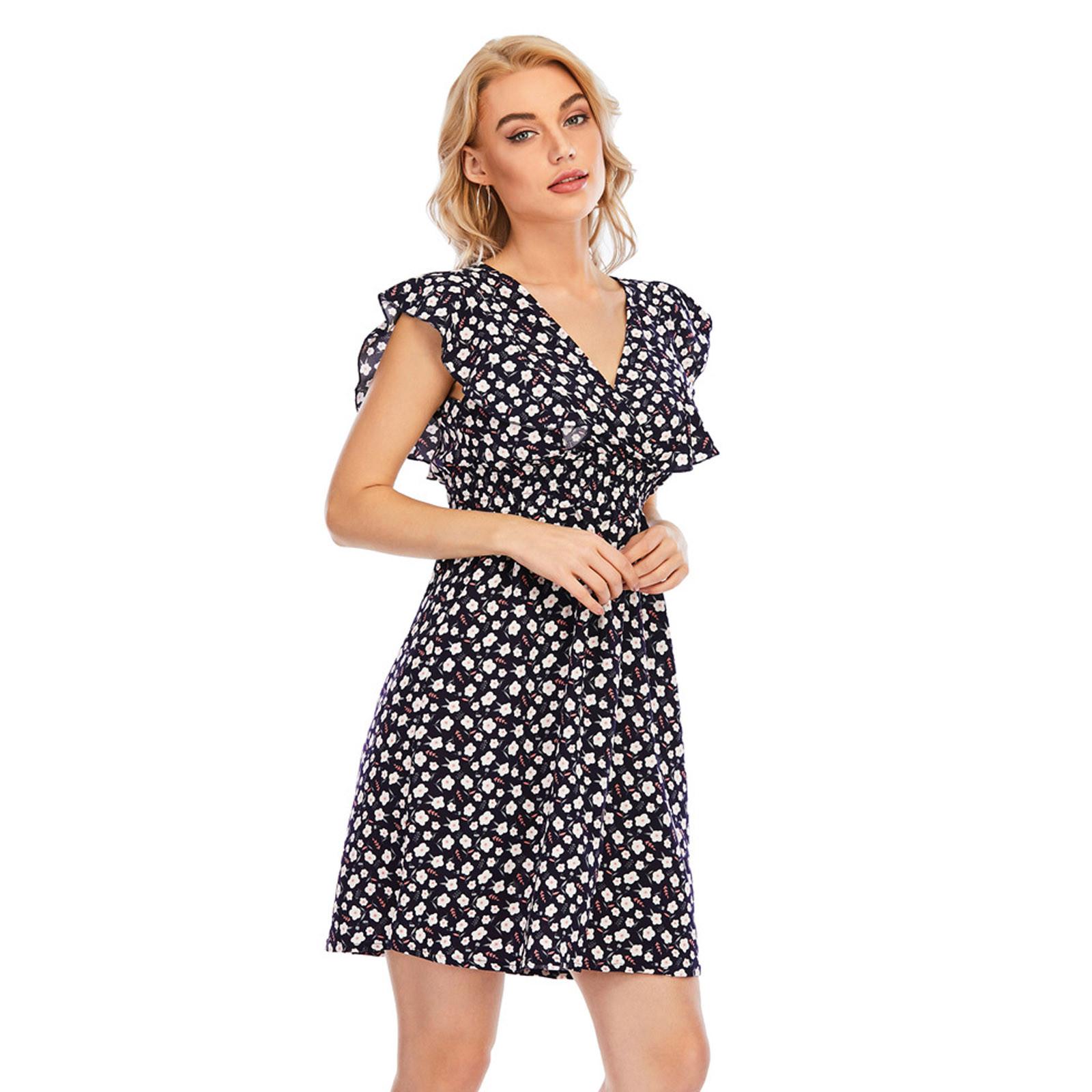 Fashion Women s Chiffon Ruffles Sleeveless V-Neck Print Dress Beach Dress S чёрный