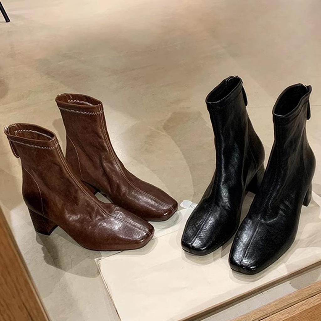 Winter neue gewaschene Pferdeleder Muster dünne Stiefel Retro kurze Damen Lederstiefel Reißverschluss hinten eckige Stiefel Damen vielseitig