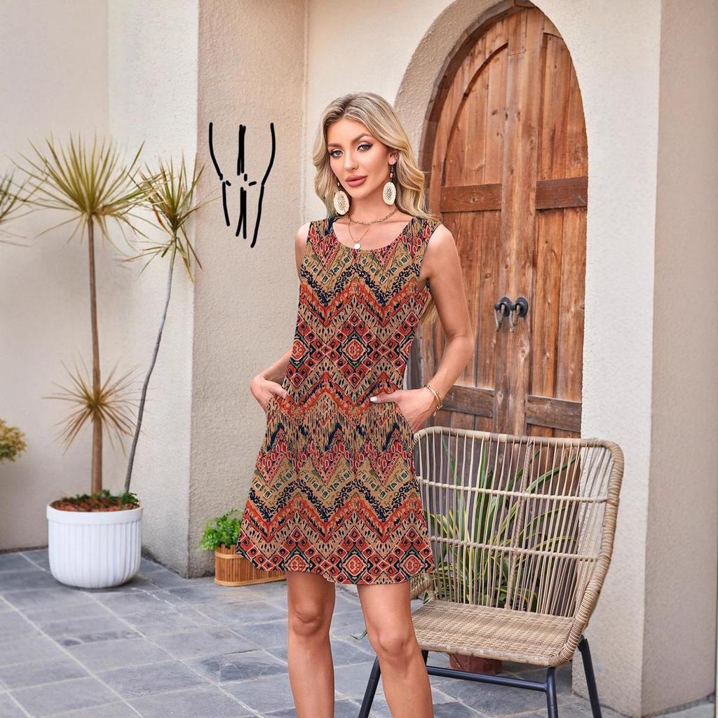 European American Women's Sleeveless Drawstring Pocket Dress - Round Neck Print