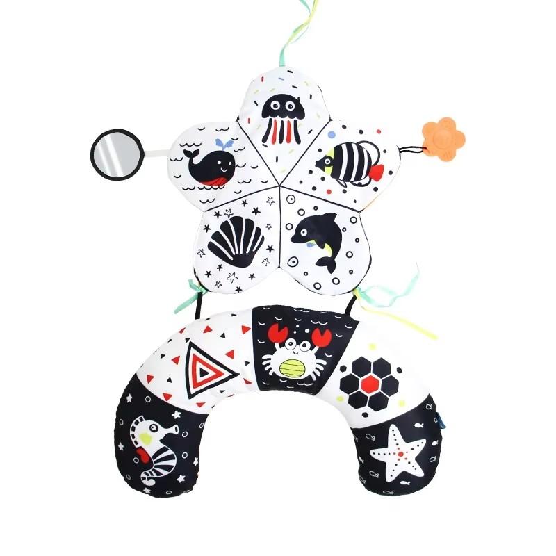 Tummy Time Pillow with Crinkle Mat Teether High Contrast Baby Toys Montessori Sensory Crawling Toy for Infant Newborn 0 12 Month