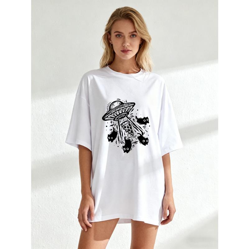 Oversized T Shirt Black Ufo And Cats Print Casual Wear For Women Summer Outfit Streetwear Fashion Top