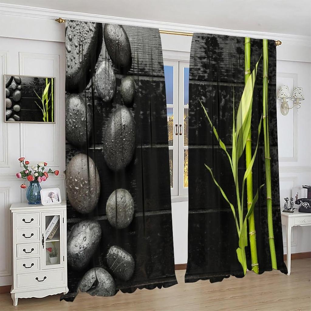 Spa Zen Stone Blackout Curtains   Zen Japanese Garden Theme Stones Green Bamboo Wooden Rod Pocket Window Drapes   for Bedroom Livi