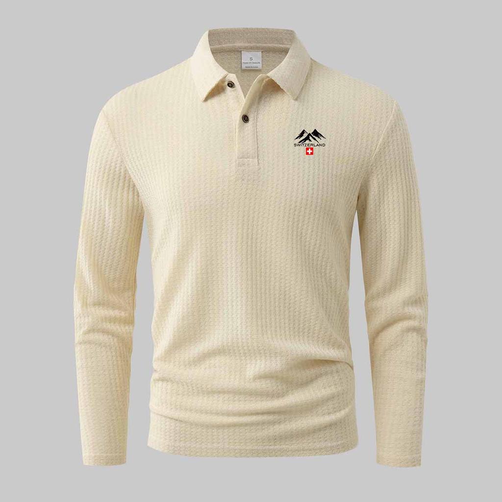 Polo Shirts for Men Switzerland Mountain Print Ribbed Long Sleeve.