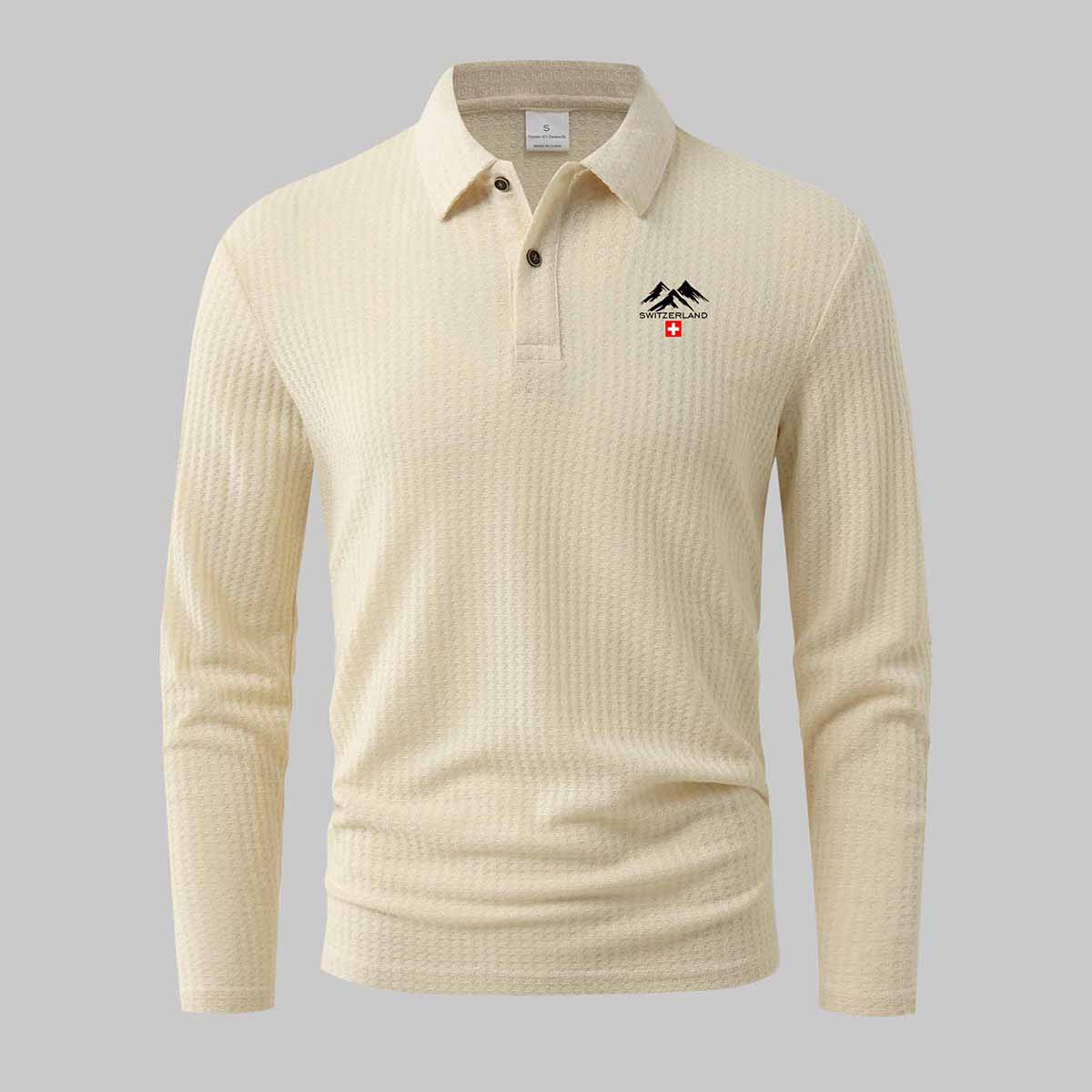 

Polo Shirts for Men Switzerland Mountain Print Ribbed Long Sleeve. 2XL бежевый