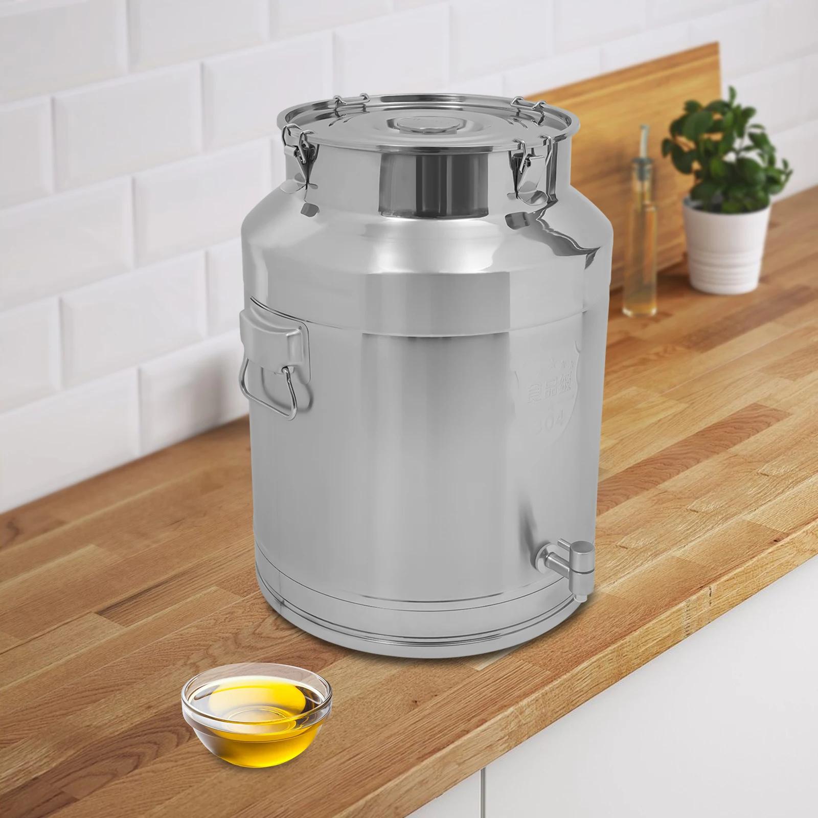 Modern Cylindrical 304 Stainless Steel Milk Jug with Spigot – 64L/16.9Gal Large Sealed Storage Bucket for Milk, Water, Honey серебряный