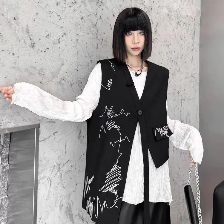 Jarní Retro Černá Vesta Designový Smysl Nepravidelná Osobnost Volná Móda Všestranná Dámská Vesta