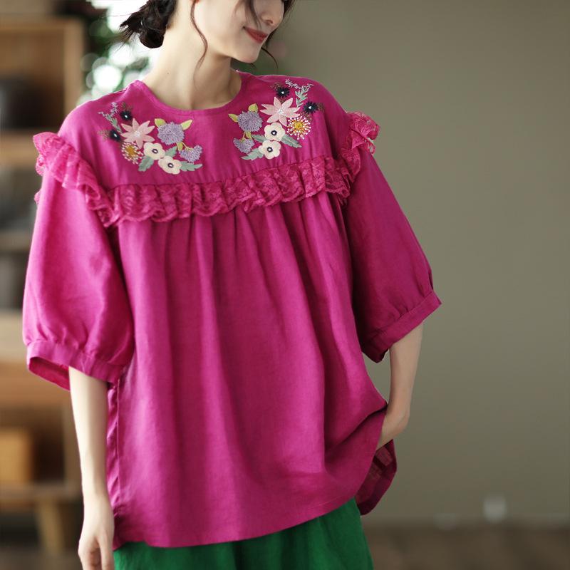 Johnature Damen Vintage Stickerei Blumen T-Shirts Einfarbig Patchwork Hochwertige T-Shirts Sommer Kurzarm T-Shirts