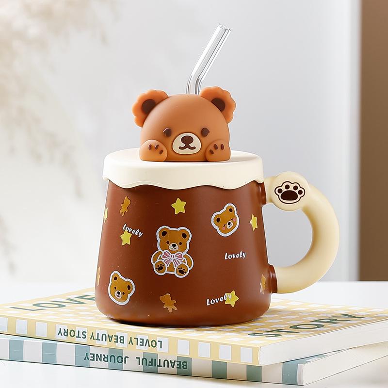 Korean version bear mug large capacity with lid straw creative cup cute coffee cup drinking cup gift box