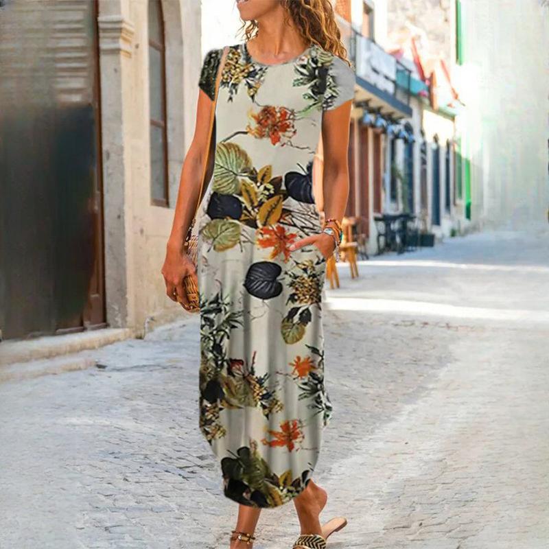 IHUASU Women's O Neck Plug Pocket Short Sleeve Trendy Printed Dresses