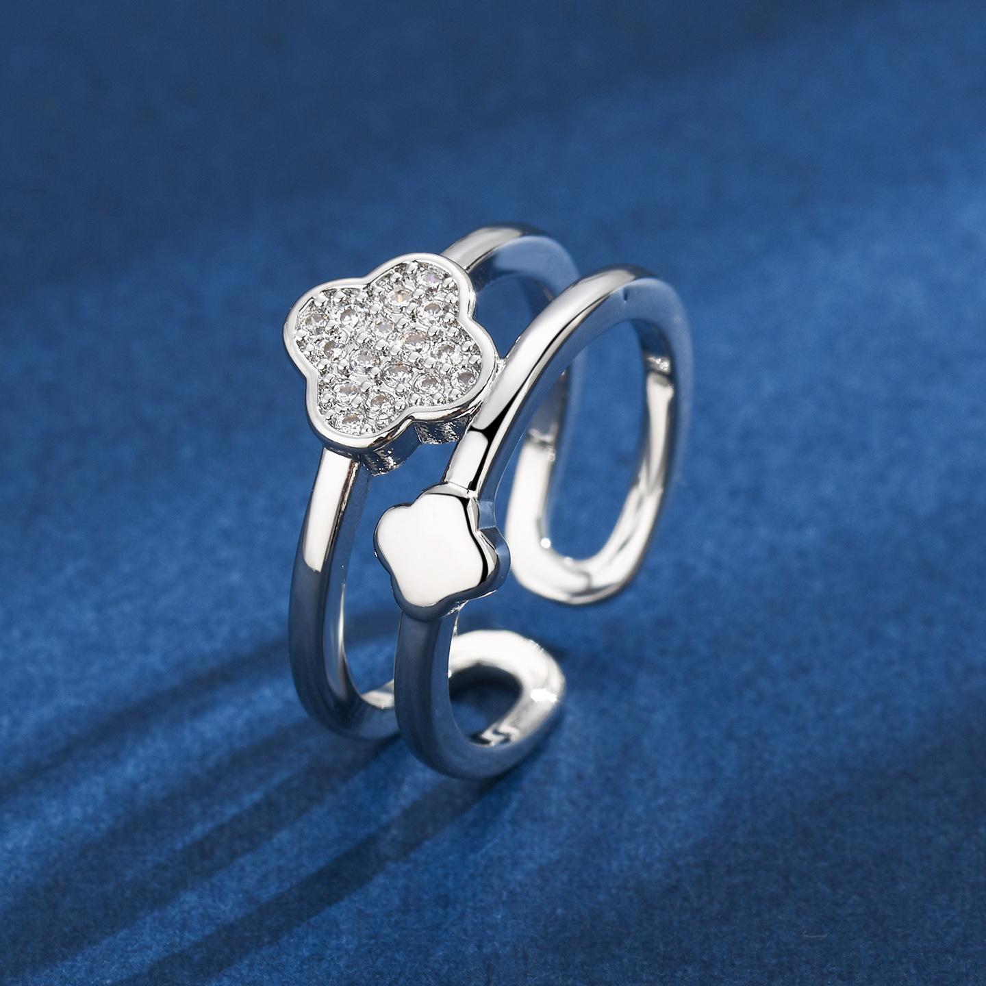 New Arrival Four-leaf Clover Ring High-end Luxury Zircon Open Ring adjustable open design