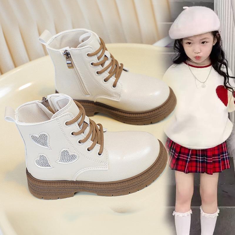 Girls Martin boots 2025 autumn and winter new British style children's short boots love princess leather boots girls velvet cotton boots
