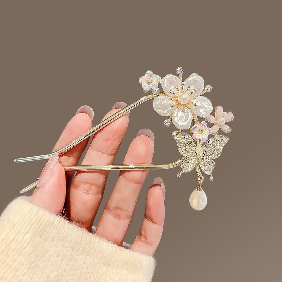 Weiß/Lila Emaille Blumen Haarnadeln Antiker Chinesischer Stil U-förmige Haarstäbe Elegant Damen Perlen Anhänger Haarschmuck