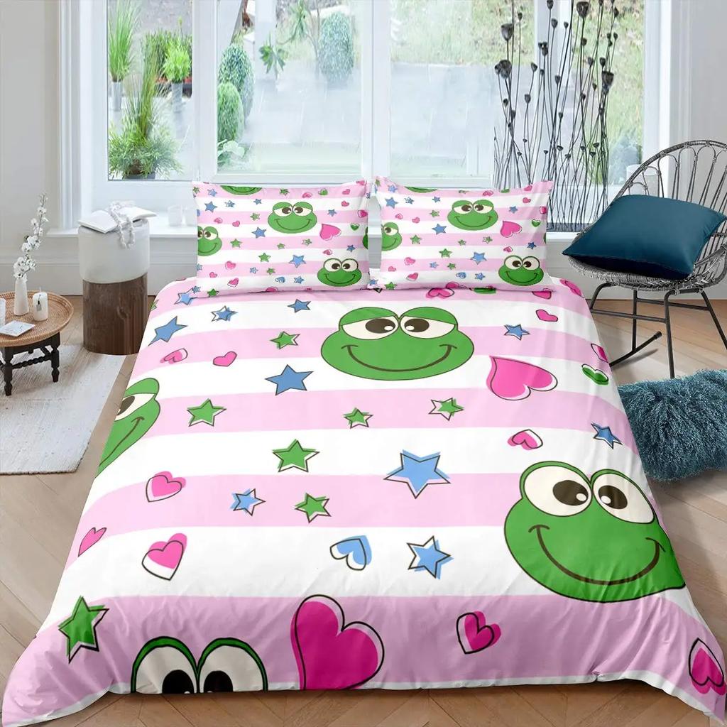 Cartoon Frog Duvet Cover Set Light Green Cartoon Frogs Cute Dragonfly Animal Bedding Set for Kid Twin Size Polyester Quilt Cover