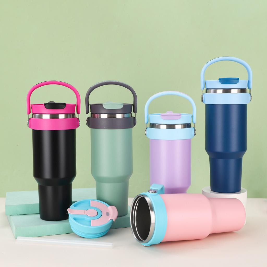 Simple Portable Stainless Steel Thermos Cup Large Capacity Double Vacuum Ice Bullock Cup with Straw Double Drinking Cup