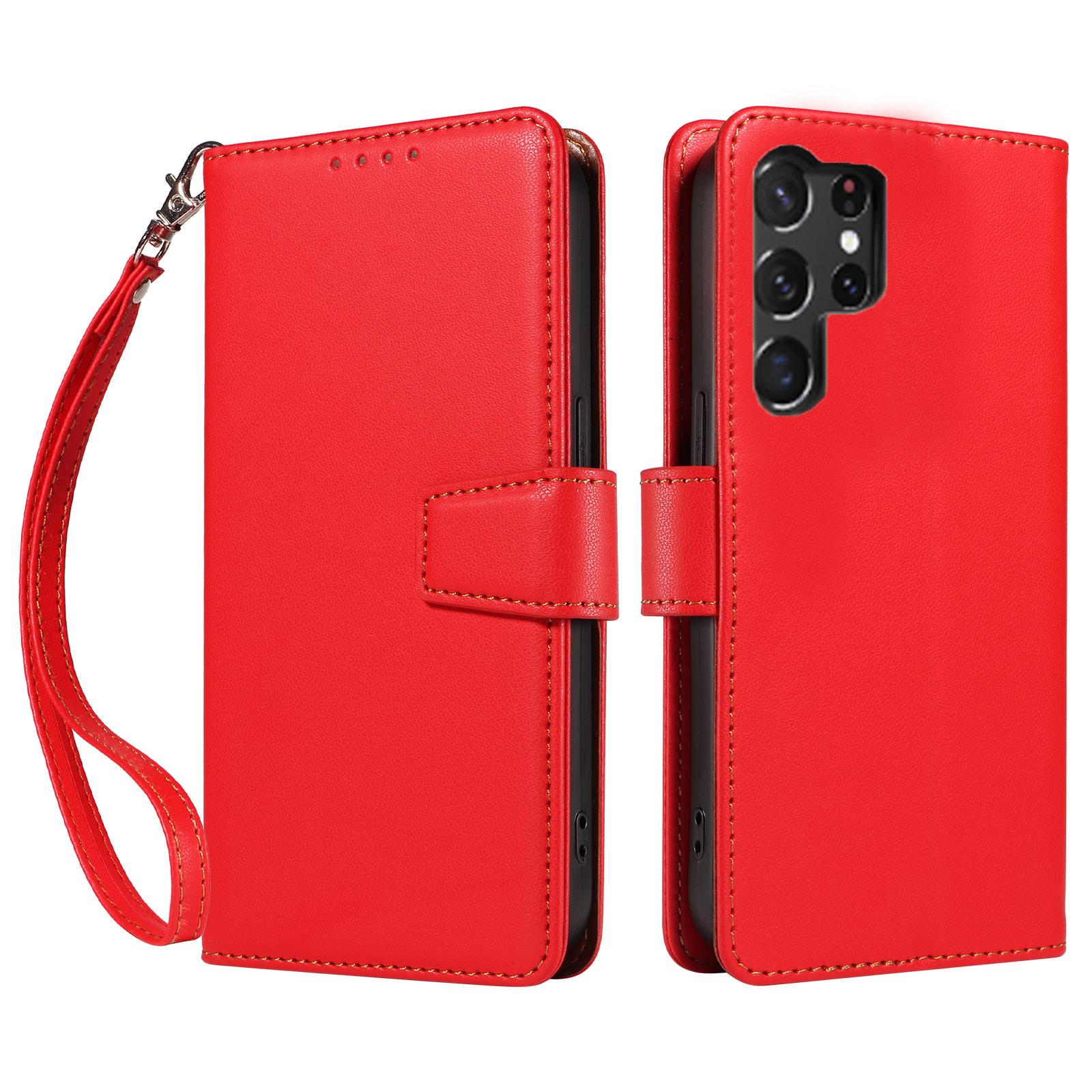 

For Samsung Galaxy S24 Ultra Case RFID Blocking PU Leather Wallet Flip Phone Cover with Wrist Strap Red