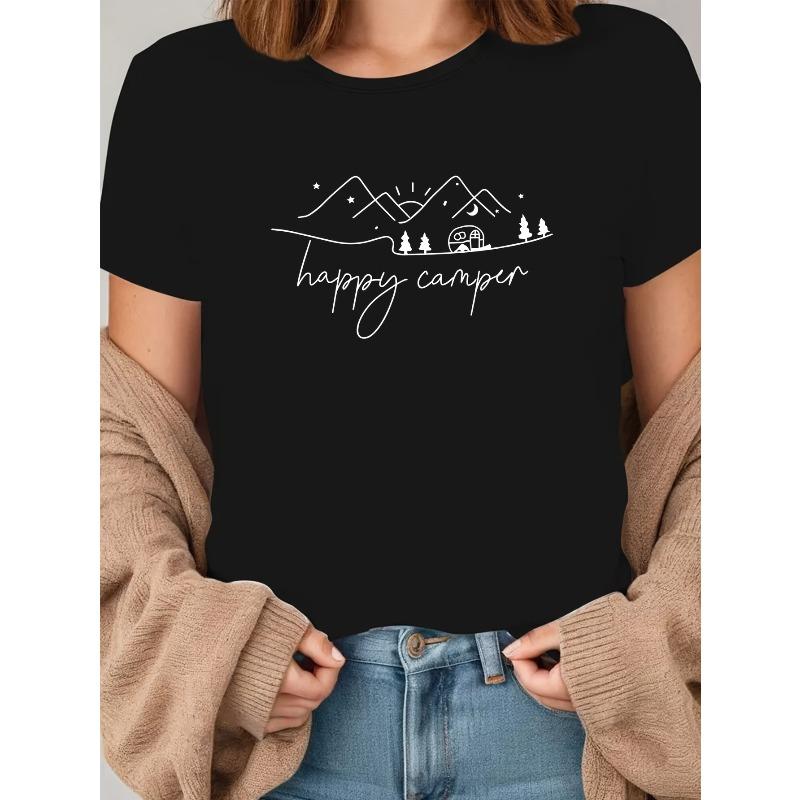 

Cute Printed T-Shirt for Women, Perfect for Casual Camping, Short-Sleeved And Versatile S чёрный