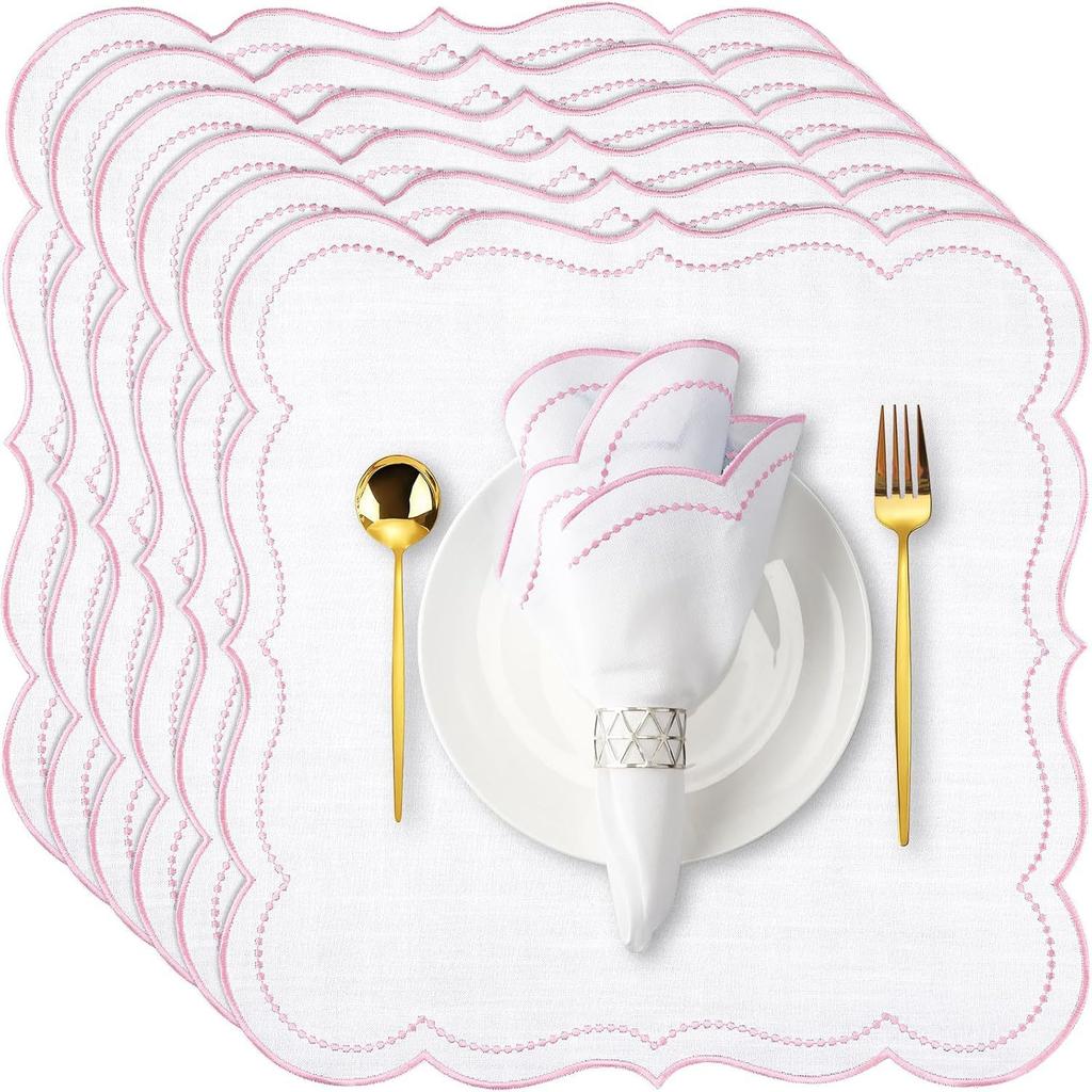 6Pcs Cotton Linen Cloth Napkins Machine Wrinkle Resistance Scalloped Embroidered Cloth Table Napkin for Wedding Holiday Giftable
