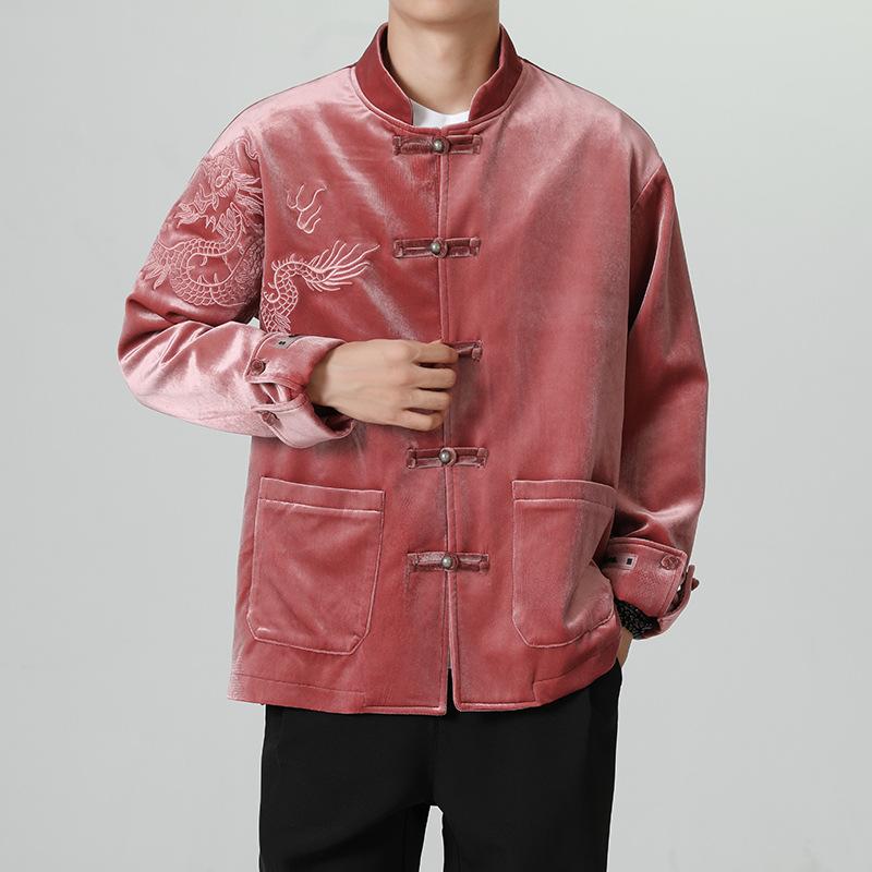 Nowy Chiński Styl Guochao Casualowy Aksamitny Materiał Wzór Smoka Haft Gruby Stojący Kołnierz Bawełniany Płaszcz w Stylu Starożytnym