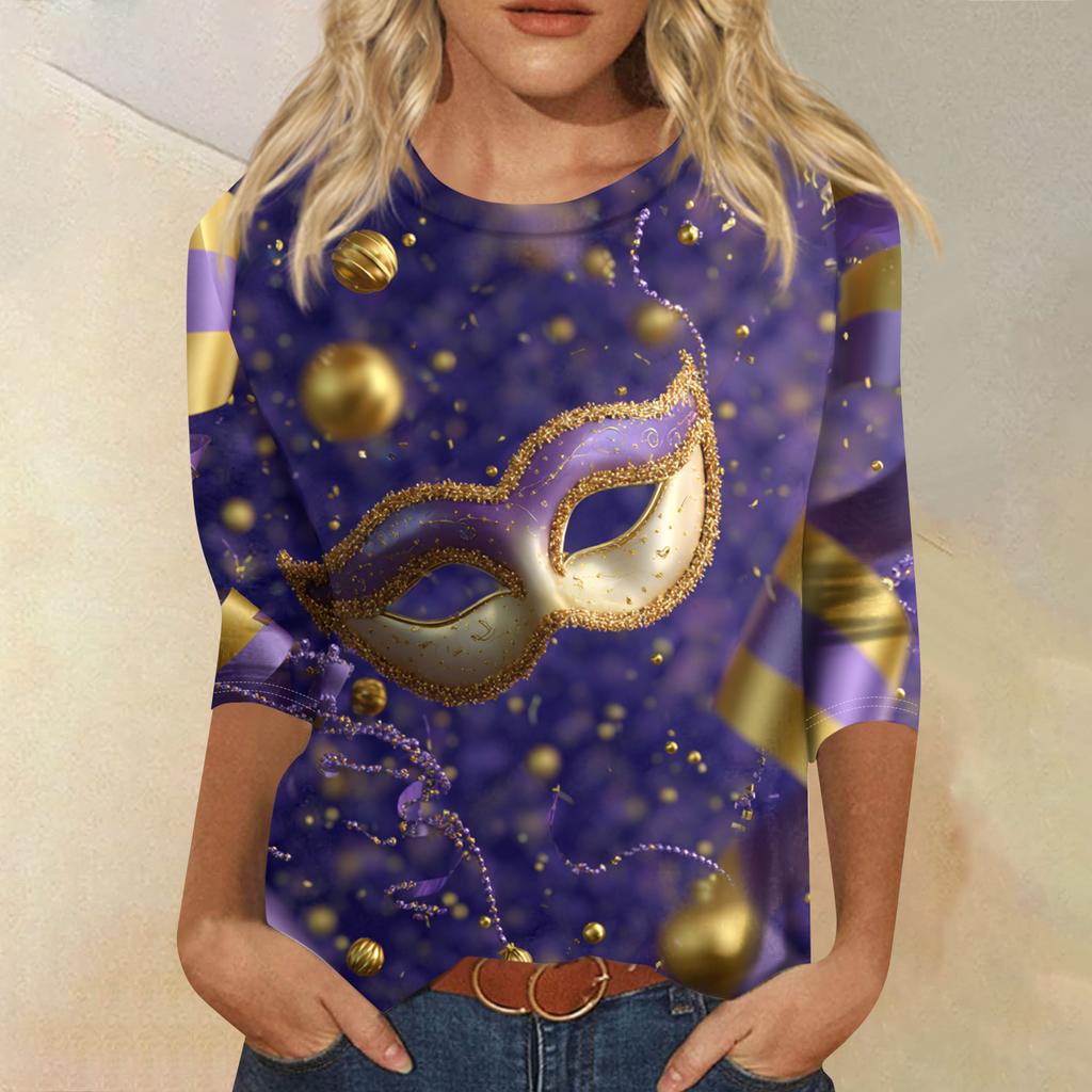 Dámské módní ležérní tričko s kulatým výstřihem a tříčtvrtečním rukávem s potiskem karnevalu